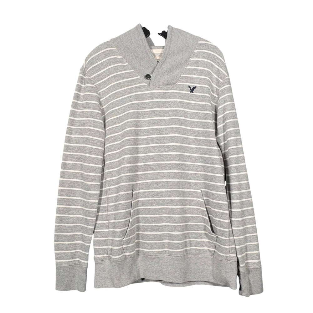American Eagle Striped Sweatshirt Grey White Button Pullover Mens Medium